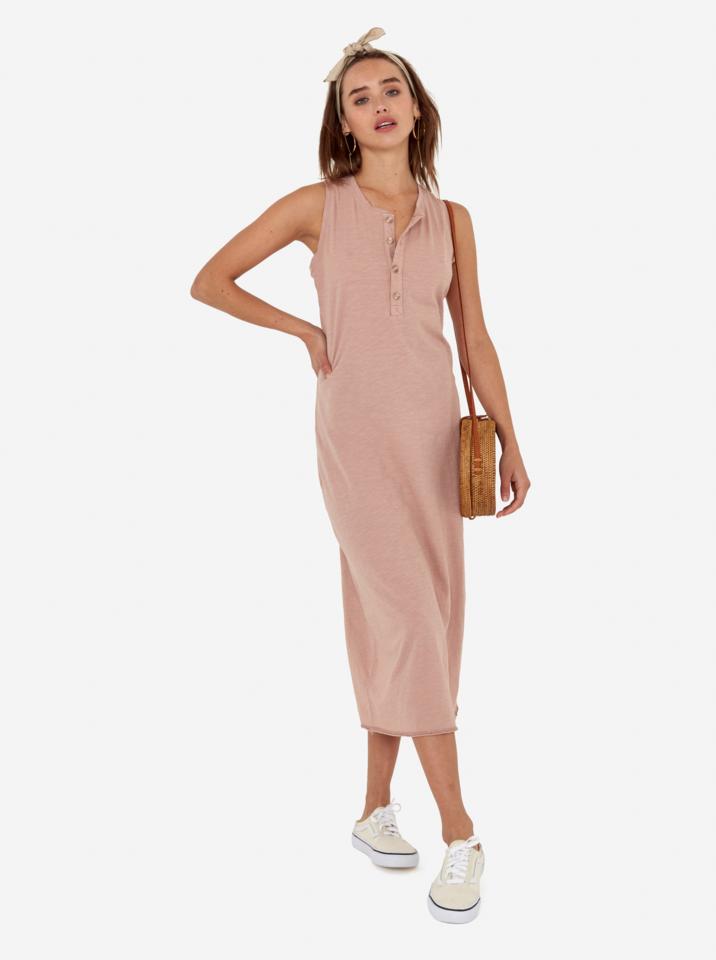Avery midi dress front view in rose mate the label